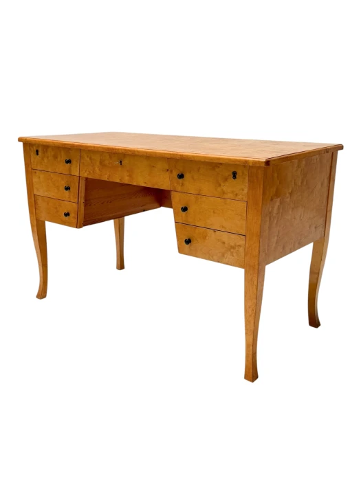 Art Deco Desk in Birdseye Maple, Swedish Design, 1940s, 7 Drawers